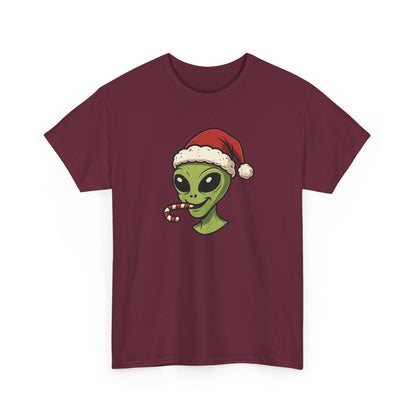 Alien Santa T-Shirt — Cute Green Alien with Santa Hat & Candy Cane Holiday Tee