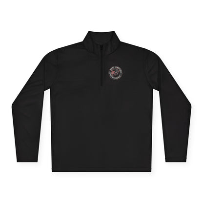 Sports Massage, Quarter-Zip Pullover — Vintage Fishing Badge Logo