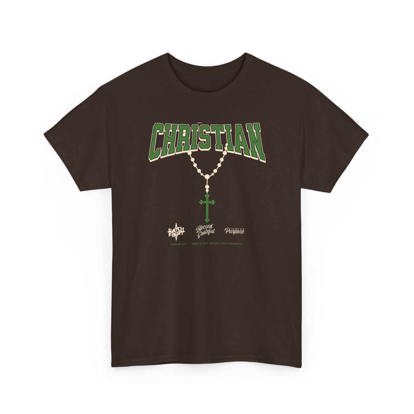 Christian Graphic Tee — Green Rosary Cross Shirt