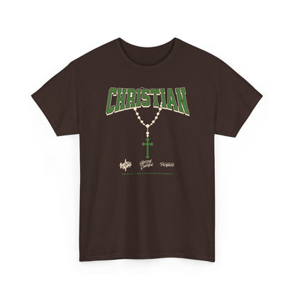 Christian Graphic Tee — Green Rosary Cross Shirt