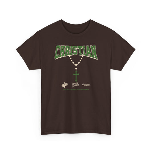 Christian Graphic Tee — Green Rosary Cross Shirt