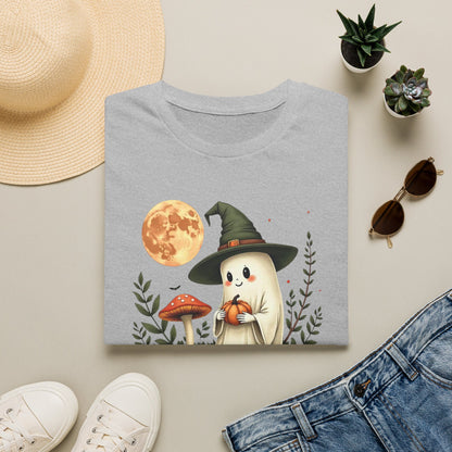 Ghost Witch T‑Shirt — Cute Halloween Moon, Pumpkin & Mushroom Design