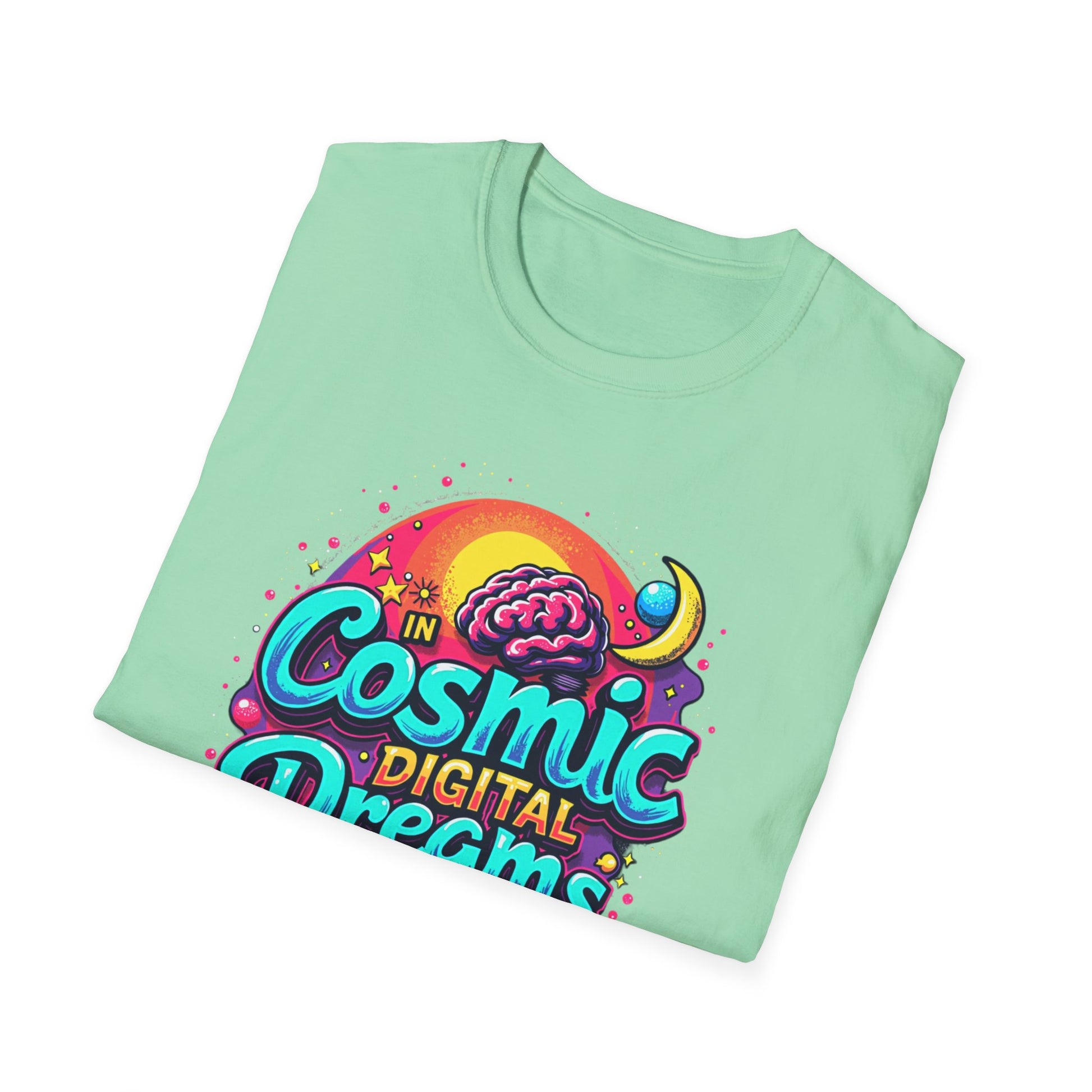 Cosmic Digital Dreams Unisex Softstyle T-Shirt - Vibrant Space-Inspired Design - Psychonaut Swag