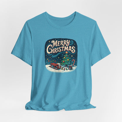 Merry Christmas Tee — Vintage Holiday Tree & Sled Graphic T-Shirt