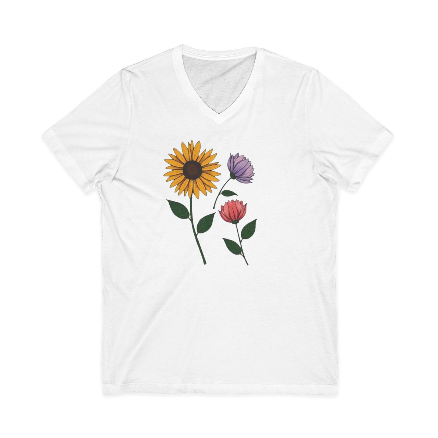 Floral Trio V-Neck Tee — Sunflower & Wildflower Botanical Graphic Shirt