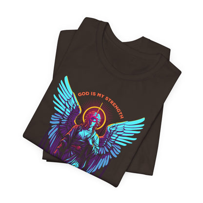 St. Gabriel Angel Tee — "God Is My Strength" Neon Graphic T-Shirt