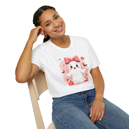 Cute Halloween Ghost T-Shirt — Pink Bow Ghost with Pumpkins & Bats