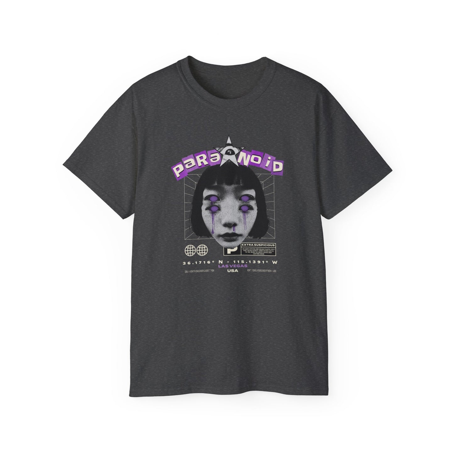 Paranoid in Vegas, Retro Cyber Goth Tee — Purple Distorted Face Graphic Shirt