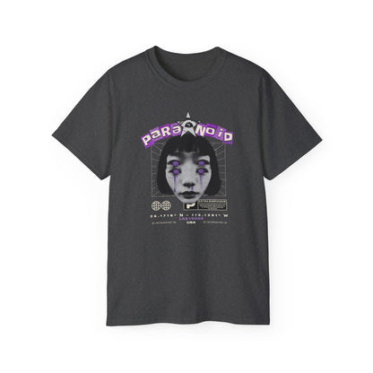 Paranoid in Vegas, Retro Cyber Goth Tee — Purple Distorted Face Graphic Shirt