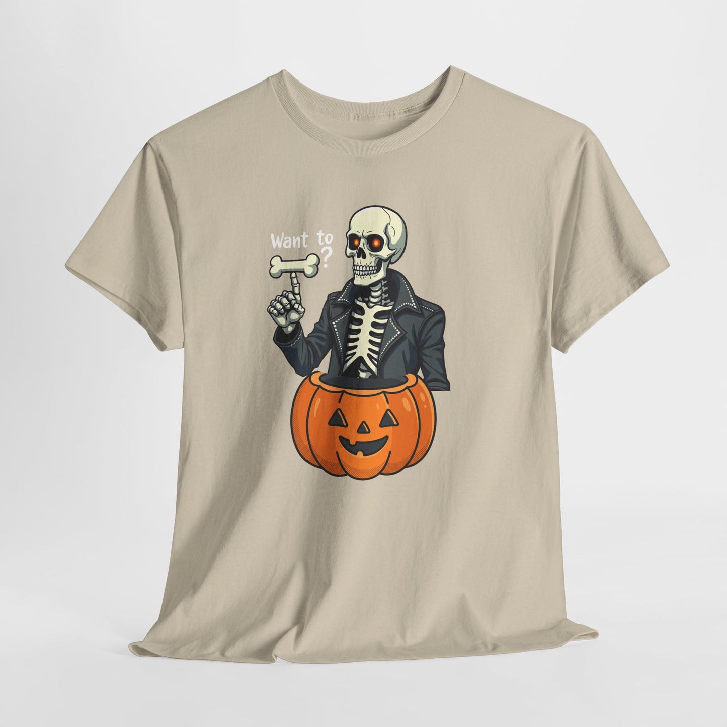Halloween Skeleton Tee — 'Want to?' Pumpkin Jack-O'-Lantern Graphic Shirt