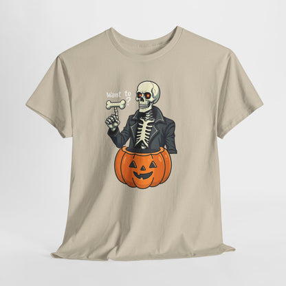 Halloween Skeleton Tee — 'Want to?' Pumpkin Jack-O'-Lantern Graphic Shirt