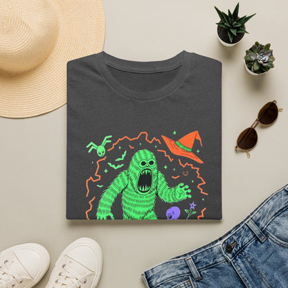 Sasquatch gets angry when out of candy Halloween T‑Shirt — Neon Green Creature Trick‑Or‑Treat Tee