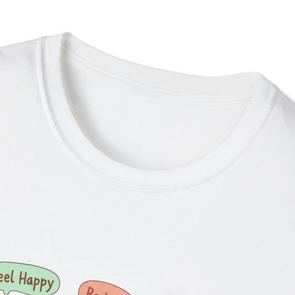 Cute Kawaii Pets T-Shirt — 'Feel Happy, Be Wise, Be Kind' Cartoon Cat Owl Dog Tee
