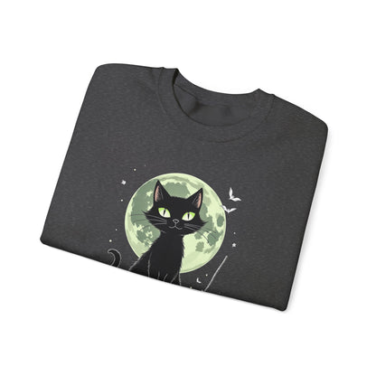 Black Cat Moon Crewneck Sweatshirt — Cute Witchy Cat Graphic