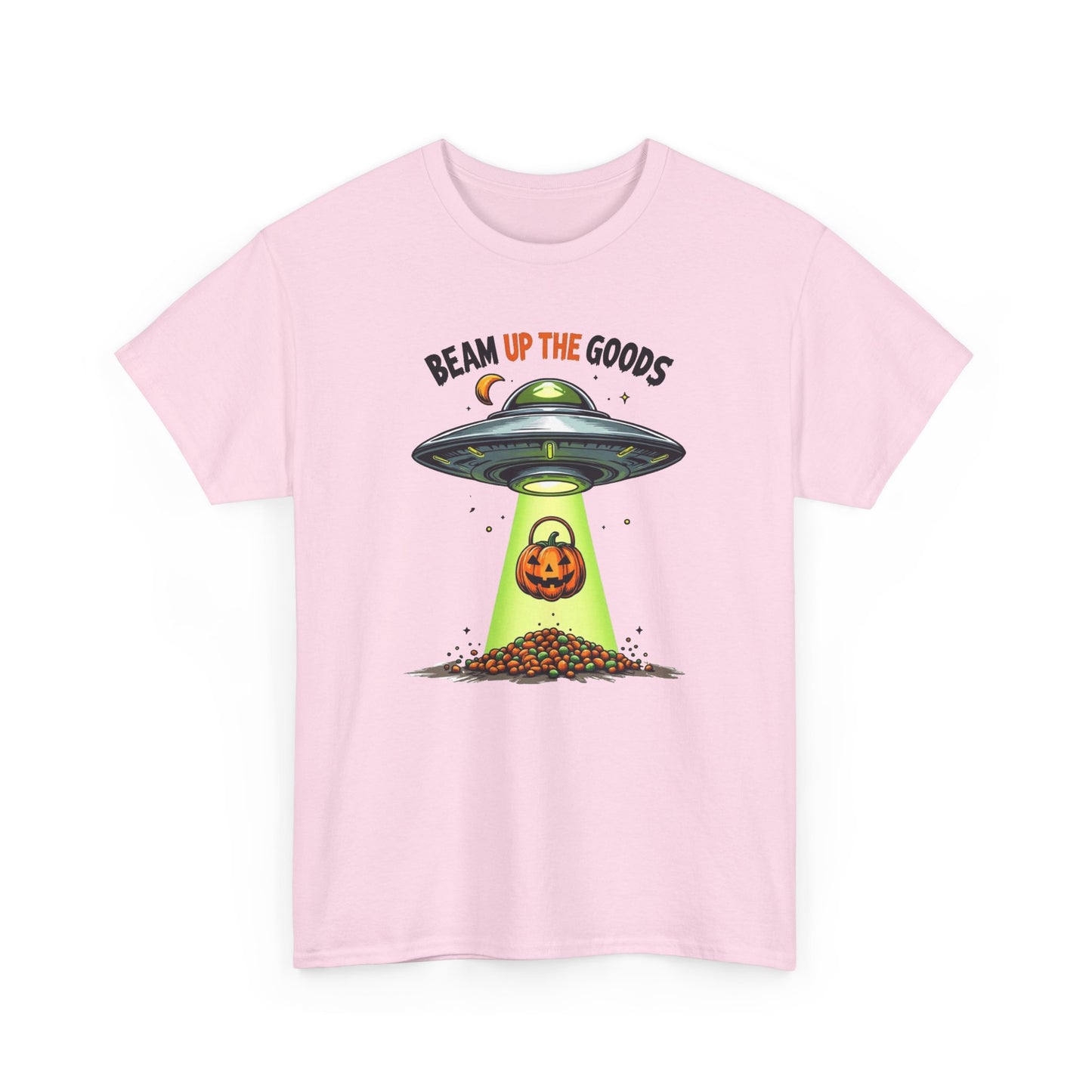 Halloween UFO T-Shirt — "Beam Up The Goods" Pumpkin Candy Abduction Tee