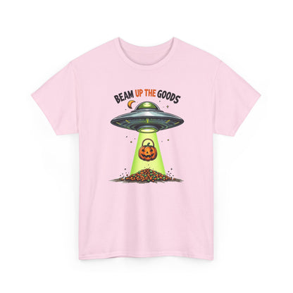 Halloween UFO T-Shirt — "Beam Up The Goods" Pumpkin Candy Abduction Tee