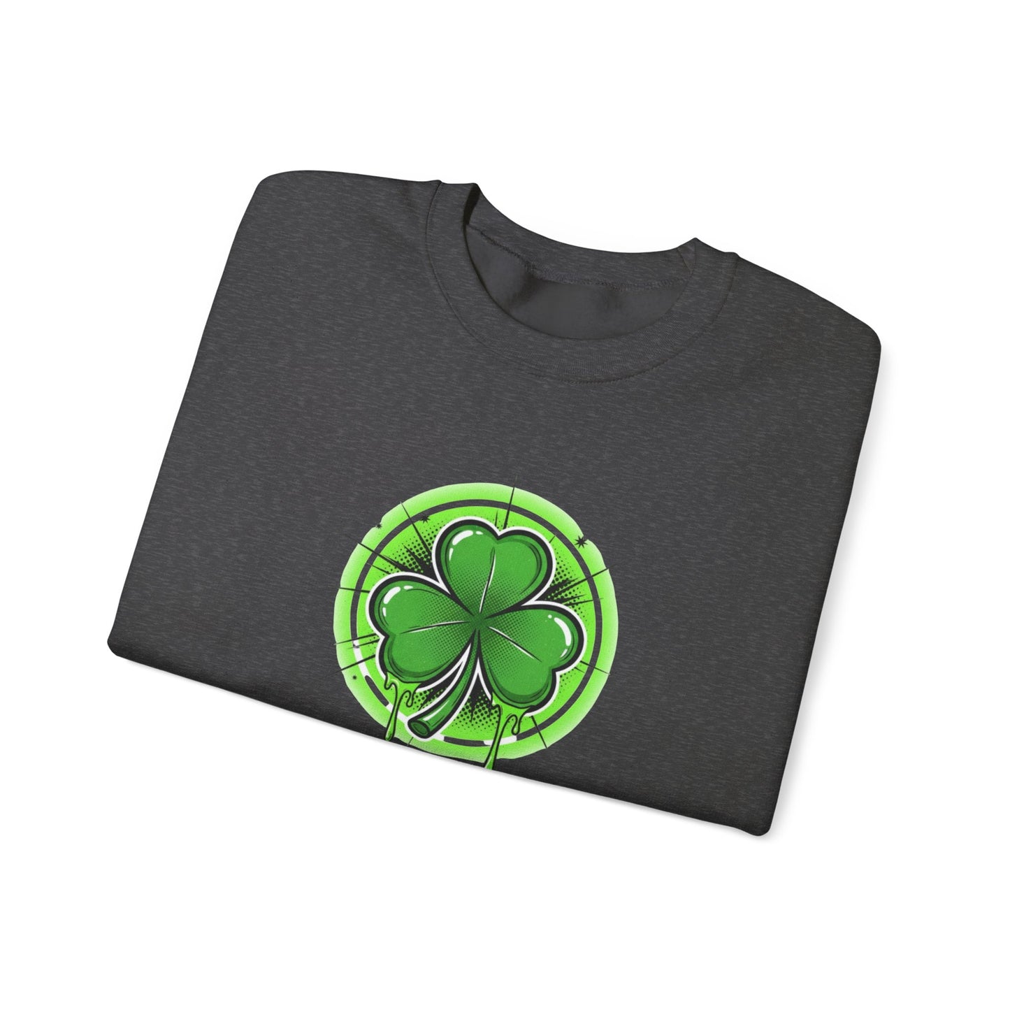 Oozing with Luck, Four-Leaf Clover Crewneck Sweatshirt — Neon Lucky Shamrock St. Patrick’s Day Pullover