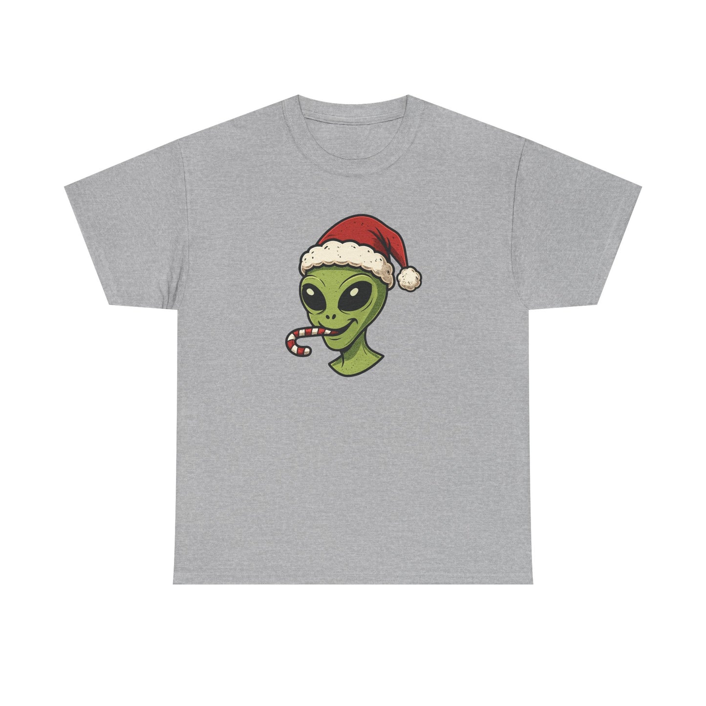 Alien Santa T-Shirt — Cute Green Alien with Santa Hat & Candy Cane Holiday Tee