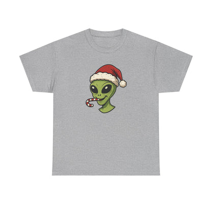 Alien Santa T-Shirt — Cute Green Alien with Santa Hat & Candy Cane Holiday Tee