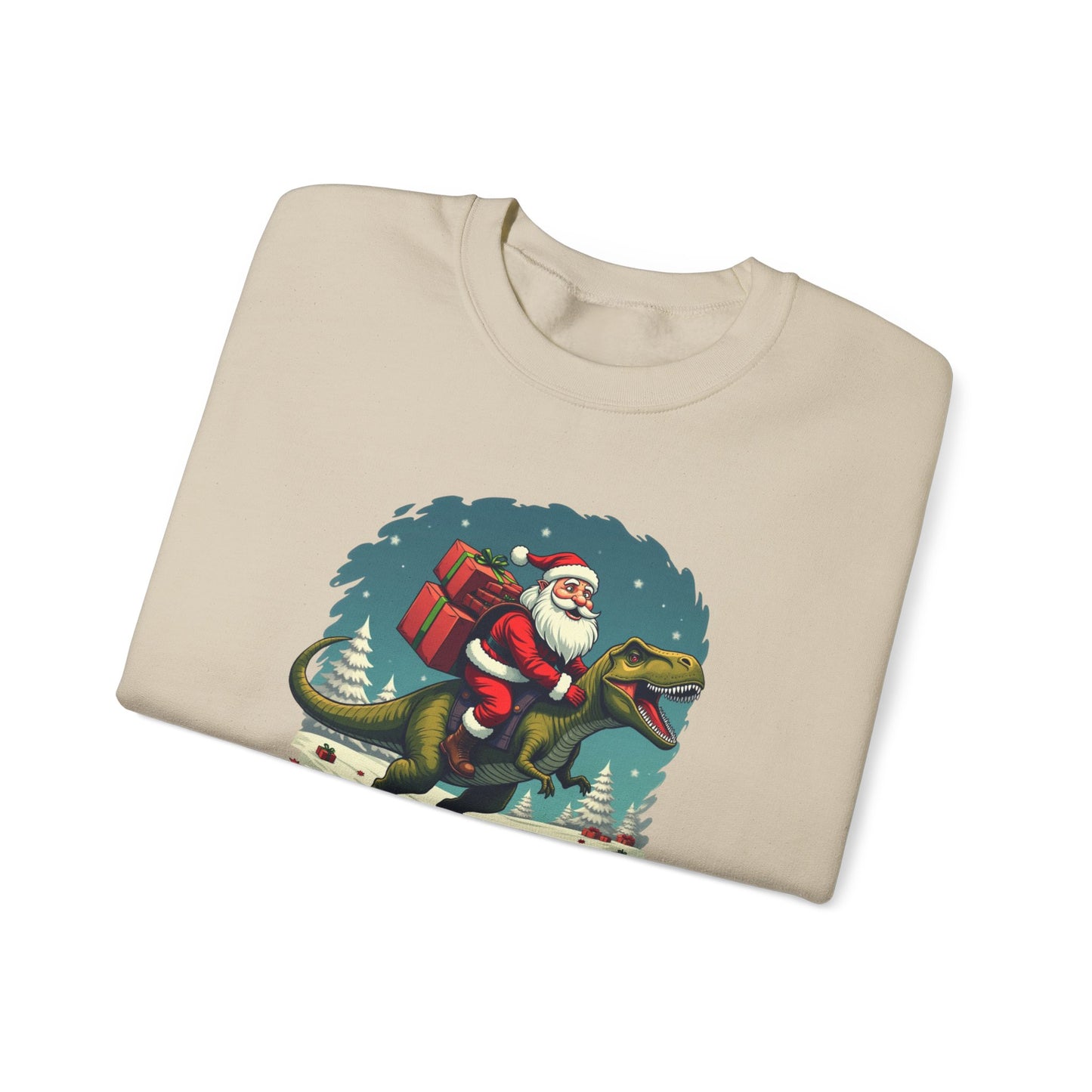 Santa Dashing through on a Dinosaur Sweatshirt — Santa Riding T-Rex Holiday Crewneck
