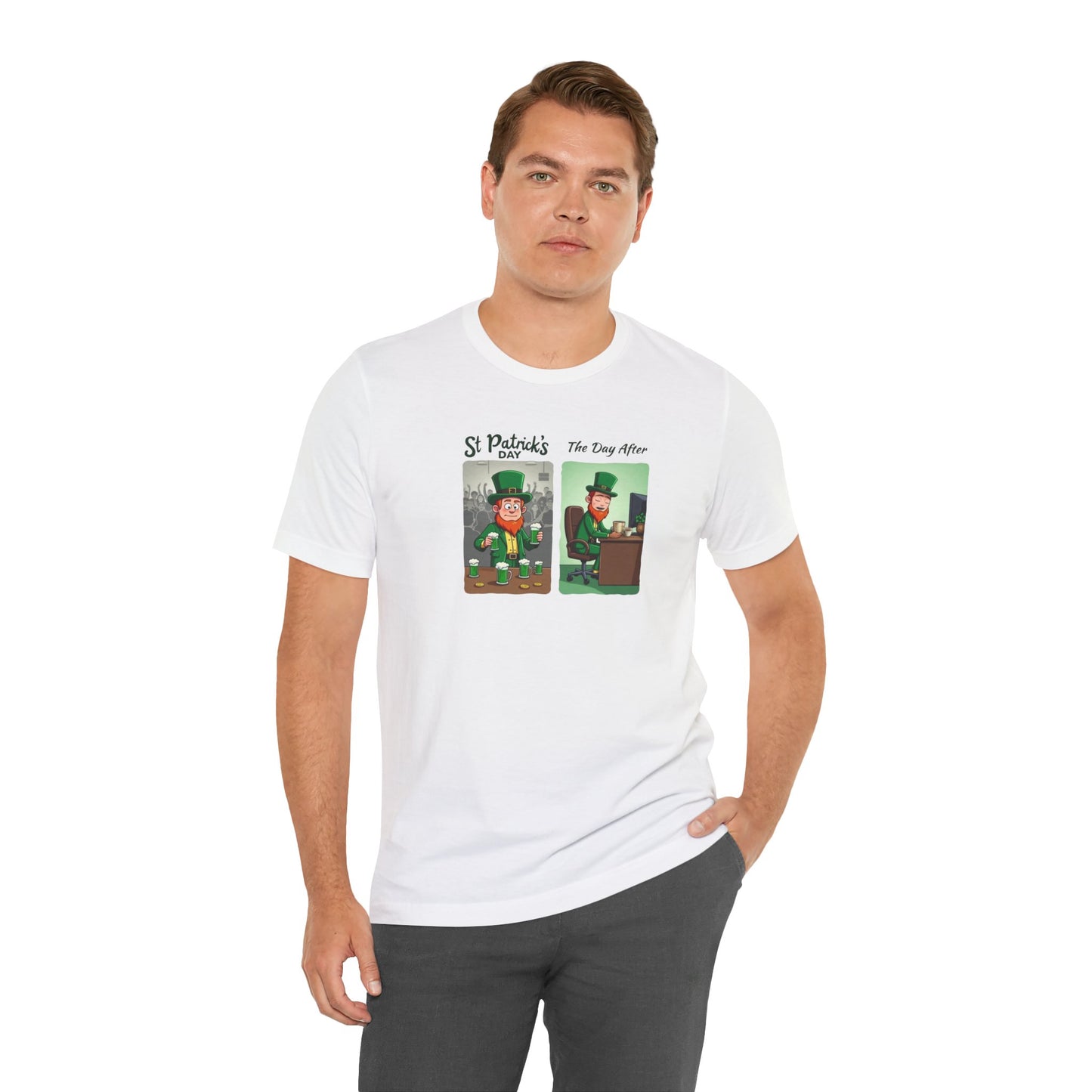 St. Patrick's Day Leprechaun Funny Cartoon T-Shirt — "St. Patrick's Day / The Day After" Tee