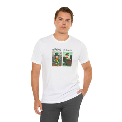 St. Patrick's Day Leprechaun Funny Cartoon T-Shirt — "St. Patrick's Day / The Day After" Tee
