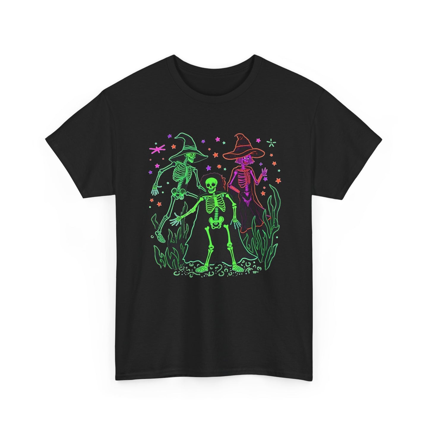 Halloween Neon Witches & Skeleton Tee — Retro Spooky Graphic T-Shirt