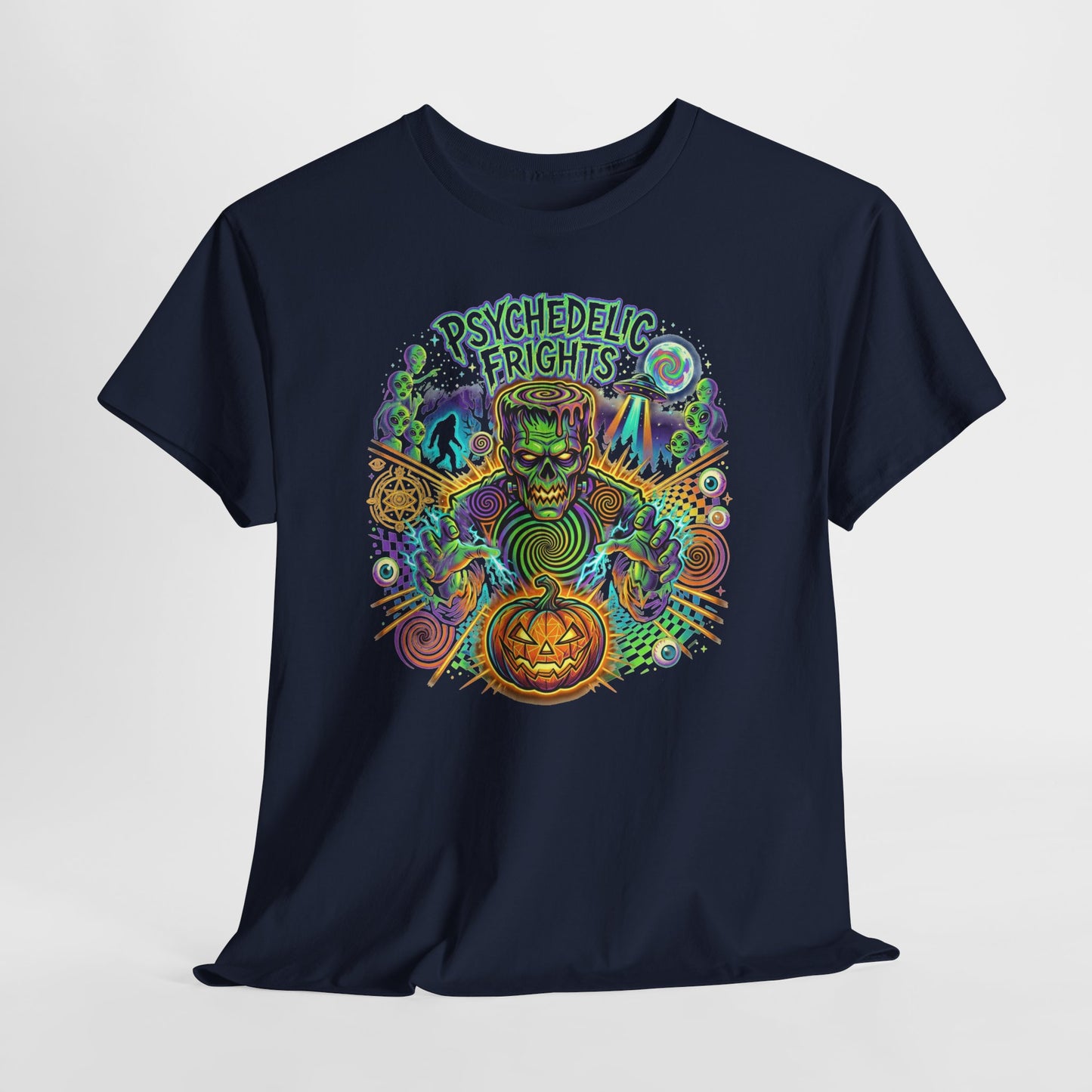 Psychedelic Monsters Halloween Tee — Spooky Pumpkin and Sasquatch Horror Graphic T-Shirt