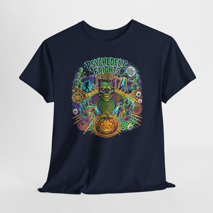 Psychedelic Monsters Halloween Tee — Spooky Pumpkin and Sasquatch Horror Graphic T-Shirt