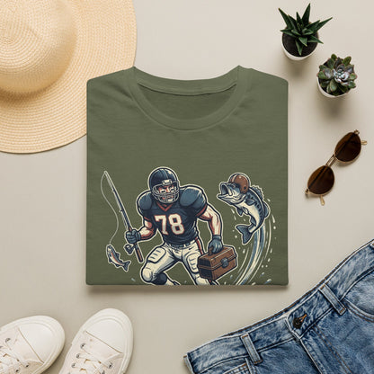 Football Fisherman T‑Shirt – Vintage Helmeted Player Catching Fish Graphic