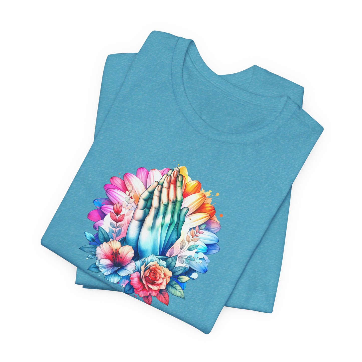 Prayer Changes Everything Tee — Colorful Praying Hands Floral Christian T-Shirt