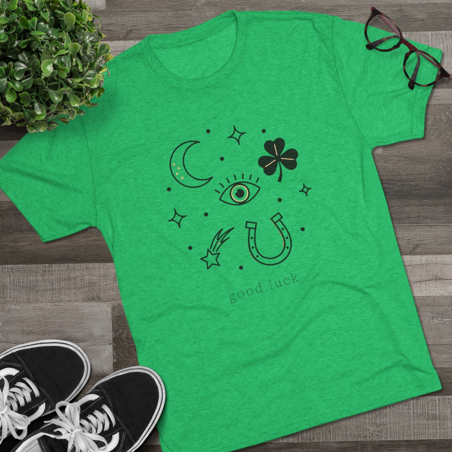 Good Luck Symbols Tee — Minimal Mystic Crescent, Eye, Horseshoe & Clover Graphic Shirt