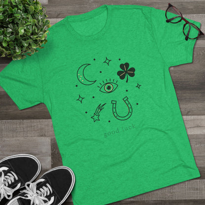 Good Luck Symbols Tee — Minimal Mystic Crescent, Eye, Horseshoe & Clover Graphic Shirt