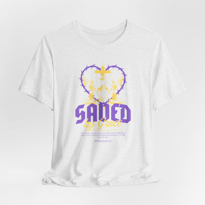 Saved by Grace T‑Shirt — Christian Faith Heart Design