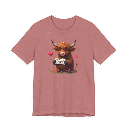 Valentine Highland Cow Tee — Cute Love Letter Bull Shirt