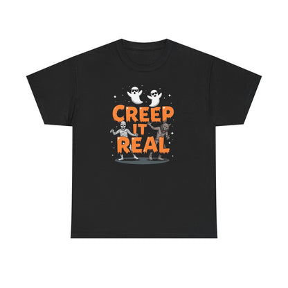 Creep It Real Unisex Heavy Cotton Tee, Halloween Shirt, Fall Apparel, Spooky Season, Ghost Theme, Unisex Casual Wear
