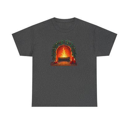 Cozy Holiday Fireplace T-Shirt — Vintage Log Fire Christmas Tee
