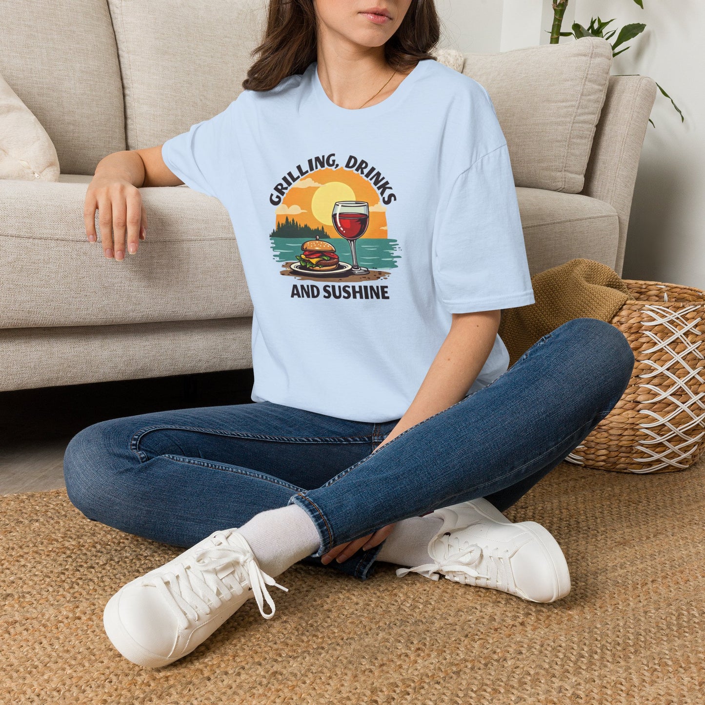 T-Shirt — Grilling, Drinks and Sunshine Retro Sunset BBQ Wine Tee