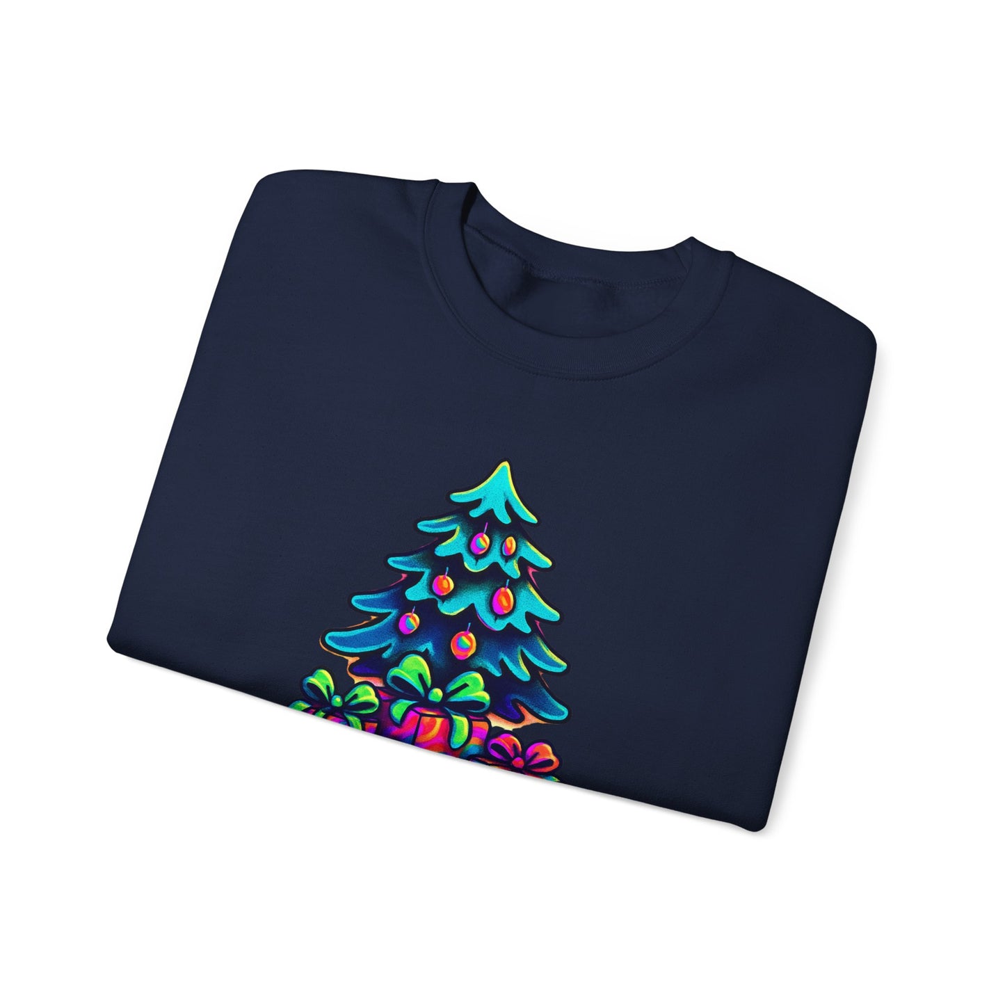 Psychedelic Christmas Tree Sweatshirt — Colorful Holiday Tree with Gifts Crewneck