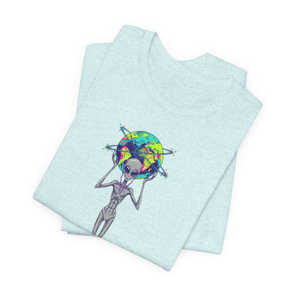 Alien Holding Earth Graphic Tee — Cosmic Sci‑Fi Alien Shirt