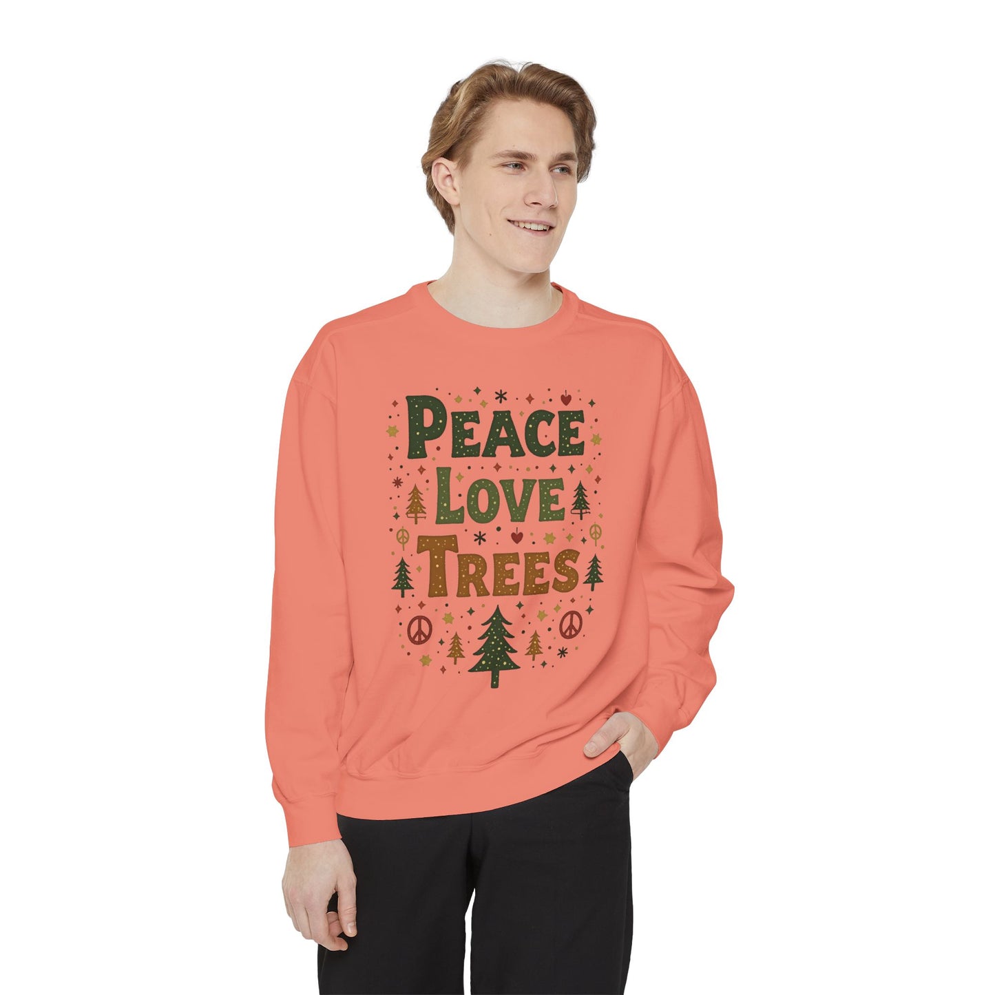 Peace Love Trees Sweatshirt — Eco Holiday Tree Graphic Sweatshirt