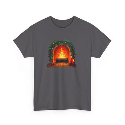Cozy Holiday Fireplace T-Shirt — Vintage Log Fire Christmas Tee