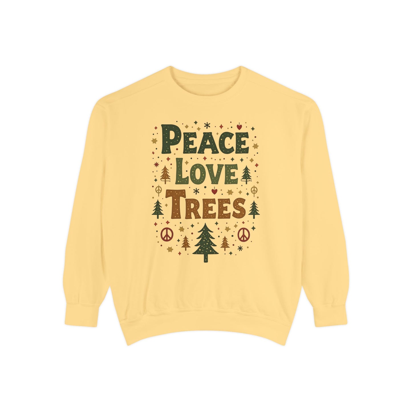 Peace Love Trees Sweatshirt — Eco Holiday Tree Graphic Sweatshirt
