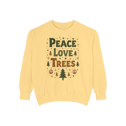 Peace Love Trees Sweatshirt — Eco Holiday Tree Graphic Sweatshirt