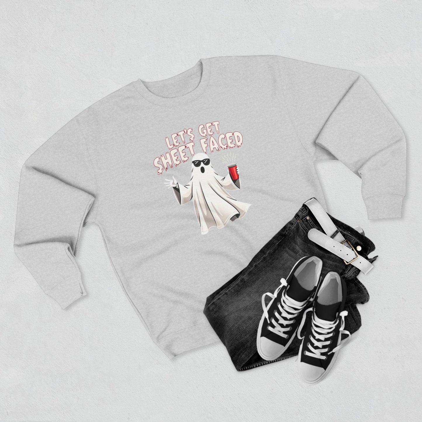 Halloween Ghost Sweatshirt — "Let's Get Sheet Faced" Funny Party Crewneck
