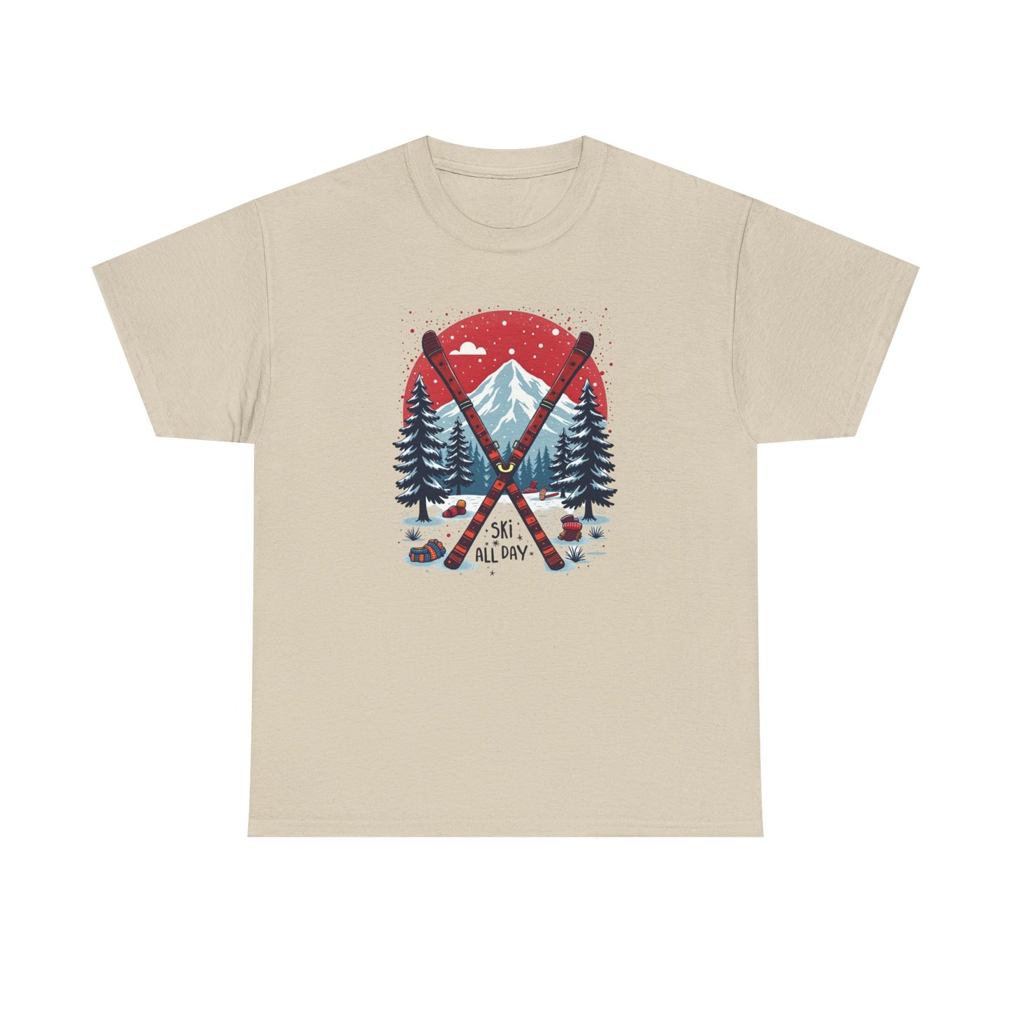 Ski All Day T-Shirt – Vintage Mountain Skis, Trees & Snow Graphic