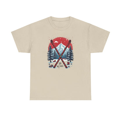 Ski All Day T-Shirt – Vintage Mountain Skis, Trees & Snow Graphic