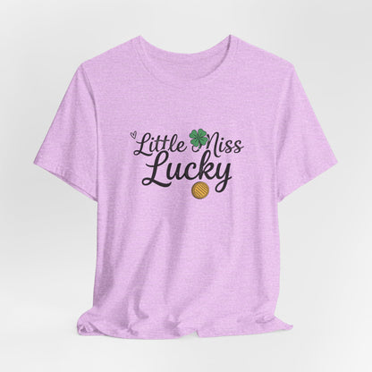 Little Miss Lucky T-Shirt — St. Patrick’s Day Girls’ Tee with Shamrock & Gold Coin