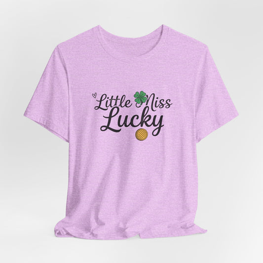 Little Miss Lucky T-Shirt — St. Patrick’s Day Girls’ Tee with Shamrock & Gold Coin