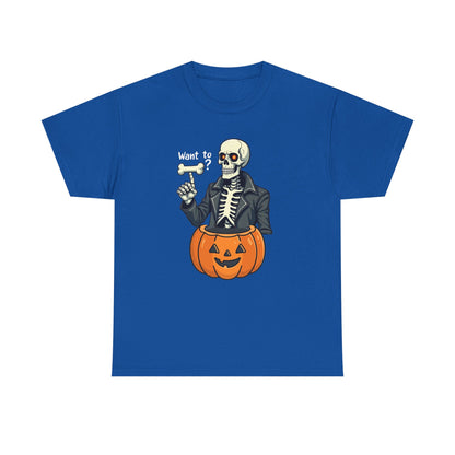 Halloween Skeleton Tee — 'Want to?' Pumpkin Jack-O'-Lantern Graphic Shirt